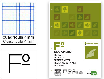 Recambio Liderpapel Folio 100h 75g/m² c/4mm. con margen 4 taladros